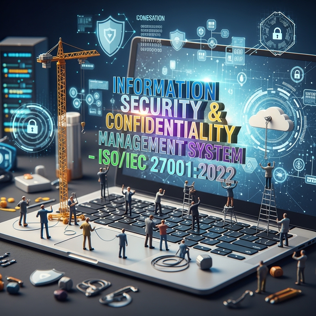 *A highly realistic consulting image for “Information Security & Confidentiality Management System – ISO/IEC 27001:2022”. The scene features a large open laptop at the center, representing digital systems, data protection, and cybersecurity. On and around the laptop keyboard and screen, several realistic miniature professional men (not cartoon) are actively building and assembling the program title, using tools such as cranes, cables, ladders, and precision instruments, symbolizing secure system construction and information protection. The title text “Information Security & Confidentiality Management System – ISO/IEC 27001:2022” appears in bold, multicolored modern typography, using a professional cybersecurity palette (blue, cyan, green, purple, metallic silver), glowing subtly to reflect digital security and encryption. The background shows a modern cyber environment, including data servers, encrypted data streams, digital locks, shields, network nodes, binary codes, and secure cloud infrastructure, blended into a realistic corporate IT setting. Ultra-high-resolution, photorealistic style, natural lighting, realistic shadows, cinematic depth of field, premium consulting look, non-cartoon, eye-catching and innovative. Professional branding aesthetic, powerful visual impact, vertical 9:16 format, clean and trustworthy atmosphere.*